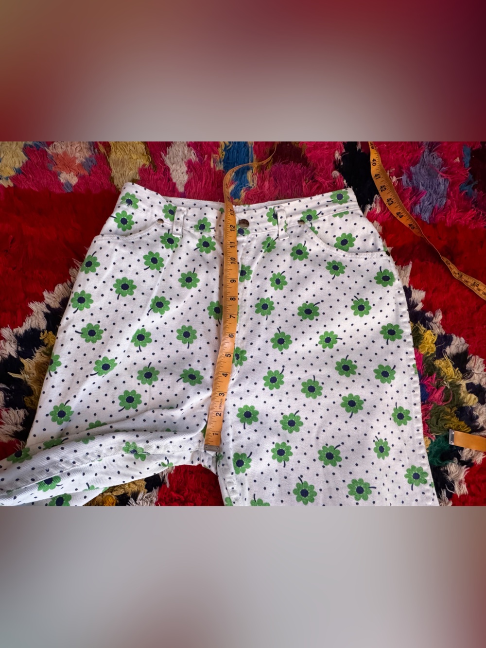 60s Vintage Wrangler White Denim w Green Daisy + Polka Dots Sz M - Picture 6 of 9